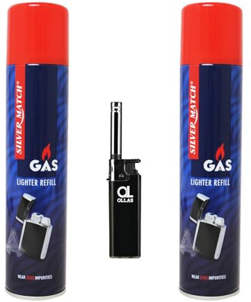 2X Silver Match Feuerzeuggas 300ml + ollas® Feuerzeug – Nachfüllgas Set inkl. Stabfeuerzeug/Flaschenöffner/Klassisches Gasfeuerzeug – Butangas Nachfüll-Set (Stabfeuerzeug)