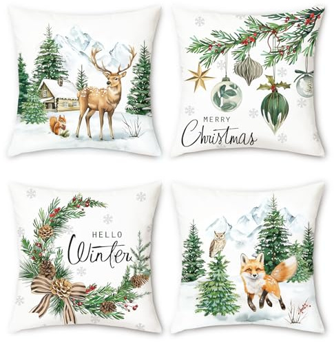 Bonhause 4er Set Kissenbezüge Winter Weihnachten Kiefern Weihnachtsbälle Rentier Fuchs 45 x 45 cm Dekorative Kissenhülle für Sofa Schlafzimmer Wohnzimmer Feiertag Dekoration