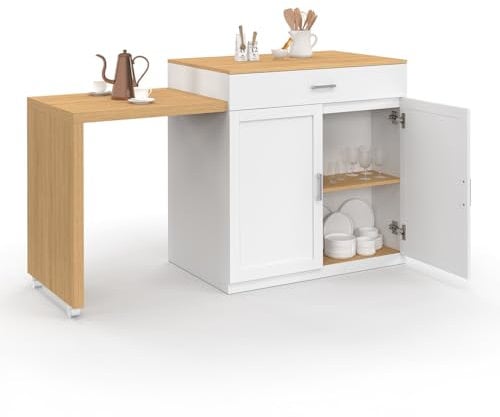 IDMarket – Ilot Central VITO 94-155 cm madera blanca con mesa de comedor extensible integrada en forma de haya