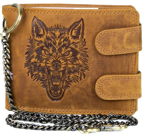 Biker Portemonnaie Echtleder mit Wolf-Prägung & Kette – Geldbörse mit RFID Schutz, 10 Kartenfächern, Münzfach & Reißverschlussfach – Leder Geldbeutel im Rocker Style (Cognac)