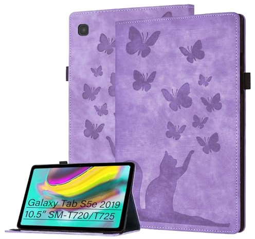 Bemoloon Tab Hülle für Samsung Galaxy Tab S5e 2019 10.5 SM-T720/T725 Pu Leder Katze und Schmetterling Flip Tablet Hüllen, Ständer, Kratzfest, Kartensteckplatz, Stifthalter, Katzenlila