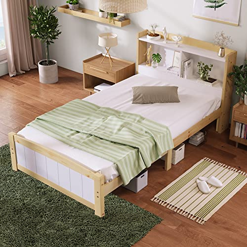 IHO SOFA Einzelbett Holzbett 90x200cm mit Stauraum Kopfteil & Lattenrost | Massivholz Kinderbett | Jugendbett mit Bücherregal & niedrigem Fußteil, Natürlich und Weiß (Ohne Matratze)