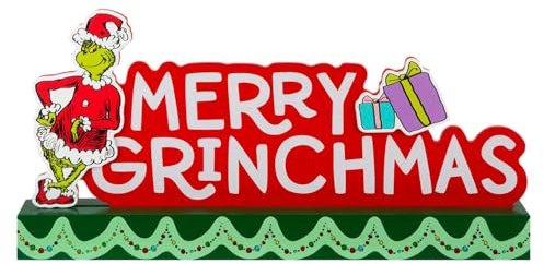 VFM e-Store - Grinch Christmas Sign Decoration Festive Gift Ornament Dr Seuss Xmas Theme Fun Design - 15cm X 30cm Green X 1