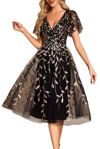 Ever-Pretty Cocktailkleid Damen Pailletten Abendkleider Elegant für Hochzeit Midi Abschlusskleid EG02230-CO