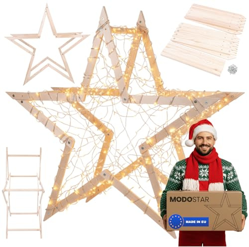 MODO24 DIY Stern MODOSTAR 3D Weihnachtsstern Set aus FSC Holz, Sternabmessungen: 139 cm, zum Aufstellen im Garten & Terrasse, Naturholz, faltbar & stabil, Weihnachtsdeko, Farbe: Natur unbehandelt
