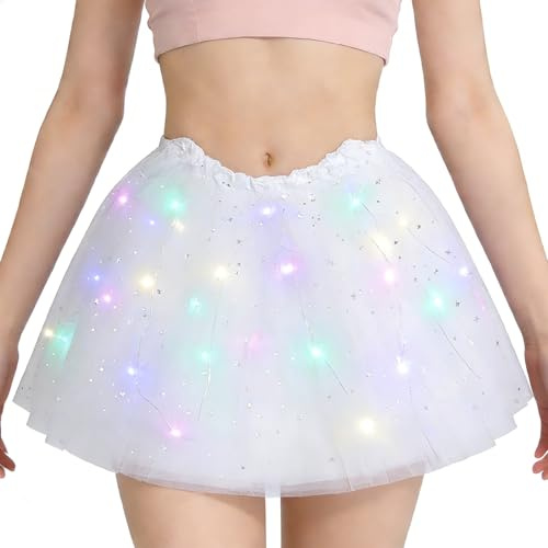 ALEGRE® Led Tüllrock Damen, 40cm Tütü Erwachsene Teenager, Weiß Tüllrock Led Damen, Sterne Tutu Rock, Lichter Tüll Rock für Fasching Kostüm, Maskenball, Hochzeit, Karneval Motto Party Accessoires