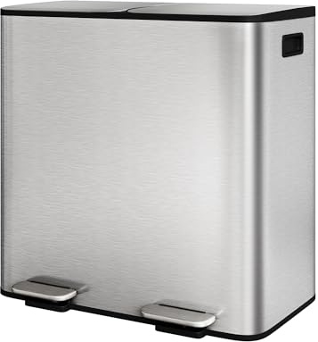 Edelstahl Mülleimer Küche 2-fach, 80L Mülltrennsystem mit 2 Fußpedalen & Soft-Close, 2 x 40L Inneneimer, seitlichen Griffen – Hygienische Abfalltrennung für Bio, Rest & Recycling, Edelstahlfarbe