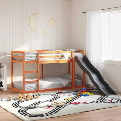 KTHLBRH Wooden Bunk Bed with Slide and Ladder for Space Optimization, Solid Pinewood Construction, Safety Guardrails on All 4 Sides, Floor-Level Bottom Bed for Storage or Play Area,