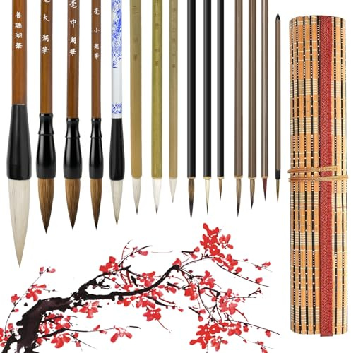 GOCUODE Chinesischer Kalligraphie Pinsel Set,15 Stück Japanischer Sumi Zeichenpinsel, Chinesische Pinsel Tusche für Anfänger Studenten (15 pcs)