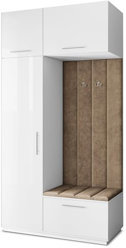 Masseno Flugarderoben Set Rema, Kleiderschrank-Set mit Sitzbank, Garderobenschrank Flur mit 5 Regalböden, Weiß