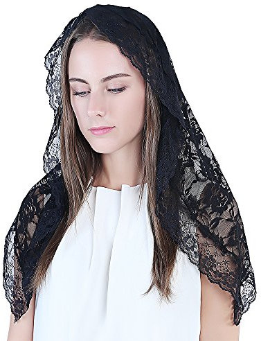 TREORSI Damen Spitze Mantilla katholischer Schleier für Kirche & Kapelle, Lateinische Messe, Medium, Schwarz