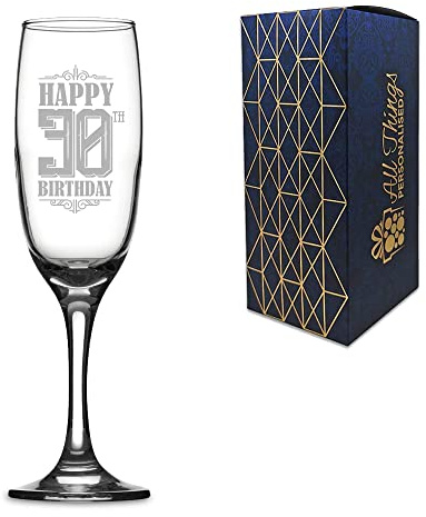 Novelty Engraved/Printed Prosecco Champagne Flute - Happy 30th Birthday - Engraved with Message