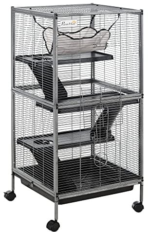 PawHut Metal Small Animal Cage, 4-Tiers Rolling Big Ferret Cage with Hammock, Removable Tray, for Chinchilla, Sugar Glider, Gray