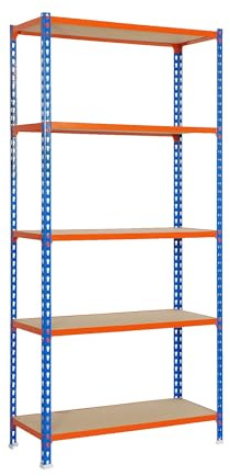 Simonrack Schwerlastregal, Lagerregal, 200x120x40 cm, Metallregal, Kellerregal, Biegestelle 200 kg, 5 Holzfachböden, Blau/Orange/Holz - Maderclick