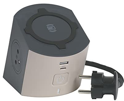 LEGRAND - Bloc Multiprise/Station de Charge - 2 Prises Surface avec Terre + 1 Chargeur à Induction Qi+ 1 Prise USB-C + 1 Prise USB-A - Avec Cordon 2m - Taupe et Gris Foncé