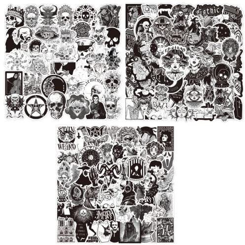 NAESM 150 Stück Punk Gothic Horror Aufkleber Schwarz und Weiß Schädel Wasserdicht Vinyl Geeignet für Wasserflasche Laptop Bumper Skateboard Wasserdicht Blume Cool Graffiti Aufkleber Pack
