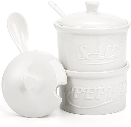 Hacaroa Set of 2 Ceramic Salt and Pepper Cellar with Lid and Spoon, 8.5 Oz Stackable Salt and Pepper Bowls, Vintage Kitchen Seasoning Box for Sea Salts, Sugar, White