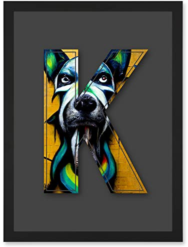 Wee Blue Coo Letter K Dog Face Yellow Decorative Graffiti Mural Alphabet Initial Stencil Artwork Framed Wall Art Print A4