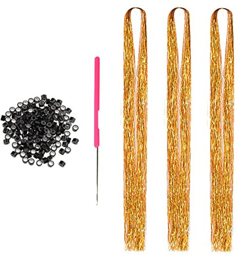 Lametta-Haarverlängerung, 600 Strähnen mit Werkzeugen, funkelndes glänzendes Lametta-Set, hitzebeständig, glitzernde Lametta-Haarverlängerungen für Damen und Mädchen, 122 cm