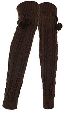 MilyaDE Damen Lange Winter Gestrickte Stulpen mit Pompon, Beinwärmer Overknee Strümpfe Legwarmers Beinstulpen Kniestrümpfe, Kaffeebraun