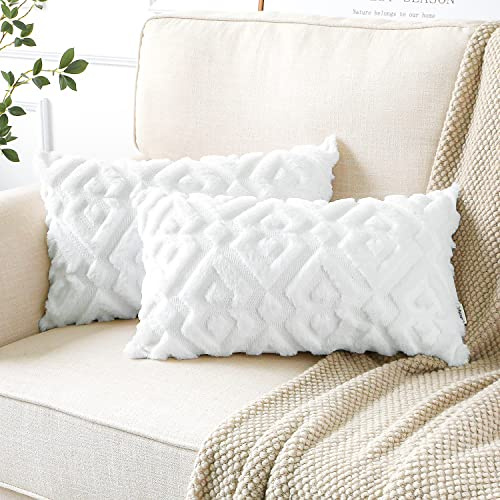 Artscope 2er Set Wolle Kissenbezüge Weicher Plüsch Kurzer Wollsamt Dekokissenbezuge Luxuriöses Sofakissen Europäische Kissenhülle für Sofa Schlafzimmer Geometrische Reines Weiß, 40x60cm