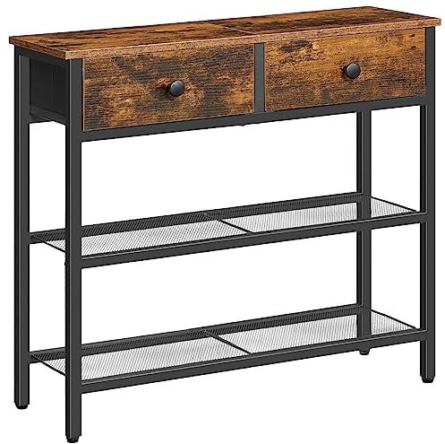 HOOBRO Console Meuble, 75 cm Table Console, d'Entrée avec 2 Tiroirs en Tissu, Table d’appoint, Bout de Canapé, pour Entrée, Salon, Style Industriel, Marron Rustique et Noir EBF72XG01
