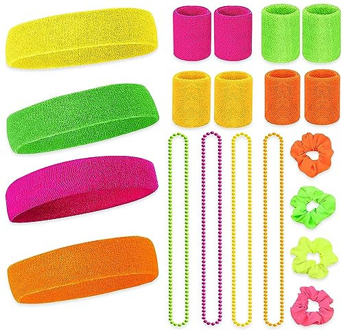 Aoreun Neon Schweißband Set, 80er 20 Stück Jahre Schweißband 4 Farben Absorbierendes Sportstirnband mit Armband Retro Party Accessoires für Laufen Radfahren Karneval Kostüme Dekoration