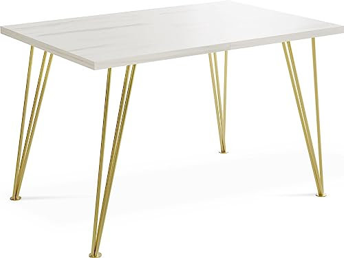 WFL GROUP Rechteckig Ausziehbarer Golden Esstisch - Loft Style Tisch mit Metallbeinen - 160 bis 260 cm - Industrieller Glamour Tisch für Wohnzimmer - Weiß Marmor - 160 x 90 cm