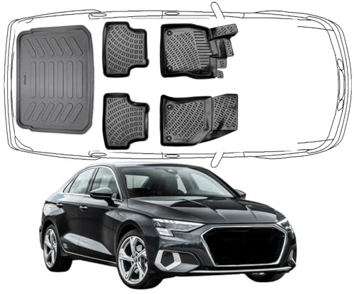 Trimak Passgenau 3D Fussmatten & Kofferraumwanne Auto Set Kompatibel mit Audi A3 8Y Sedan Limousine 2020-2025 Auto Zubehör Gummimatten & Kofferraummatte Autos Allwetter Geruchlos rutschfest Schwarz
