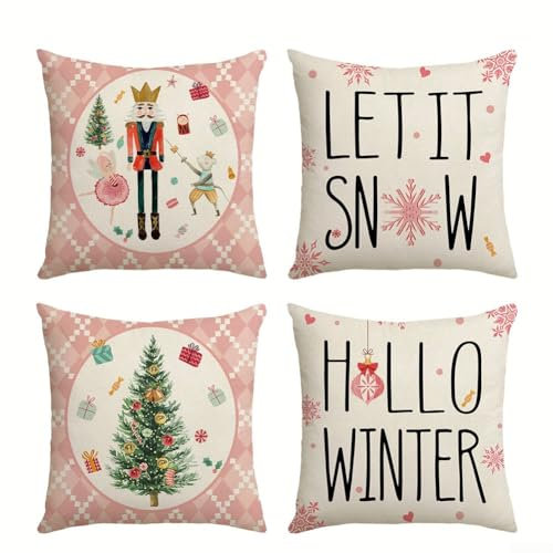 4 Stück Weihnachtskissenbezüge,45 * 45 Cm Rosa Weihnachtskissen Covers,Kissenbezug Weihnachten Kissenhülle,Für Weihnachtsdeko Sofa Decorations