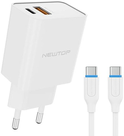 N NEWTOP Caricabatterie CM25 da Rete Muro USB A + Type-C POWERDELIVERY 20W Quick Charger 3.0 Ricarica Veloce Rapida Universale Compatibile con Huawei Samsung Xiaomi Tablet (+Cavo Type-C M-M 1m)