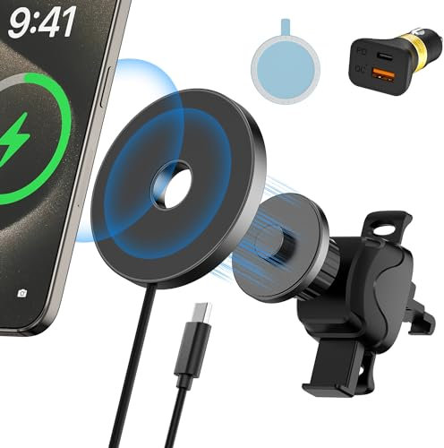Polmxs für Magsafe Autohalterung, 15W Handyhalterung Auto mit Ladefunktion Magnet Wireless Car Charger für Magsafe Auto-Ladegerät mit 40W Kfz Ladegerät kompatibel mit iPhone 16/15/14/13/12 (Schwarz)