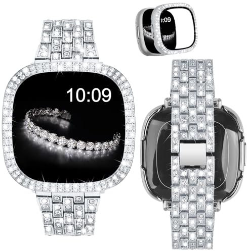 VISOOM Kompatibel mit Fitbit Versa 4/Sense 2 Armband mit Schutzhülle Frauen Mode niedlich Diamant Metall Armbänder für Fitbit Sense 2 Ersatzband,Silber