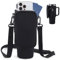 PRAOAHEI Flaschenhalter mit Tasche, Kompatibel 40oz Thermoskannen mit Strohhalm und Deckel, Wasserflaschenhalter mit Verstellbarem Riemen, Geeignet Zum Wandern Laufen Radfahren Schwarz