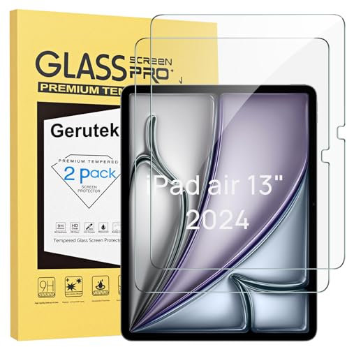 Gerutek [2 Piezas Protector Pantalla para iPad Air 13 Pulgadas M3/M2 (2025/2024)/iPad Pro 13 M4, Dureza 9H, HD Transparente, Antiarañazos, Sin burbujas, Antihuellas, Cristal Templado para iPad Air 13