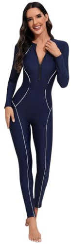 IMEKIS Women Full Body Rash Guard Swimsuit Long Sleeve Tropical One Piece Swimwear Padded Modest Swimming Costume UV UPF 50 Zipper Up Surfing Bathing Suit Beachwear Navy Blue S