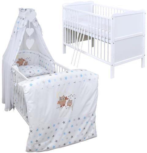 Generisch Baby Delux Babybett Komplett Set 9-TLG Kinderbett umbaubar zum Juniorbett 70x140 Matratze Jack Bettset Vollstoffhimmel (Eule Magic Blau)
