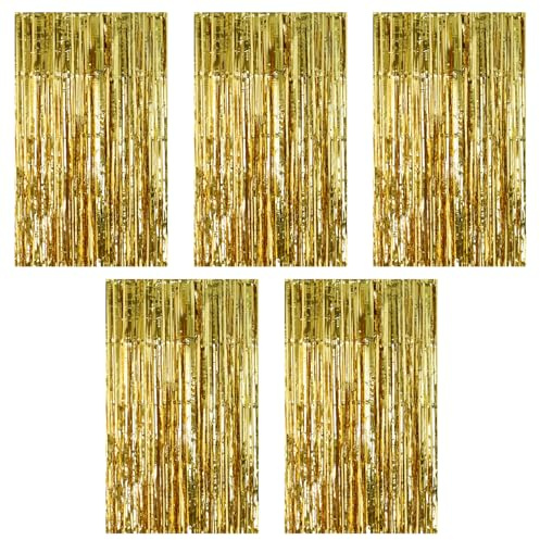 5 Stück Lametta Vorhang Gold, 1m x 2m Glitzervorhang Lametta, Glitzer Vorhang Geburtstag, Party Vorhänge Foto Hintergrund fur Party Deko Halloween Geburtstagsdeko