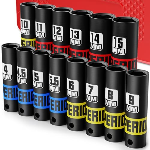 KIRXST 1/4 Inch Drive Impact Socket Set, 14 Piece Deep Sockets 4-15 mm, Metric Socket Set for Bicycle Bike Motorcycle Repair DIY Mechanic Tool