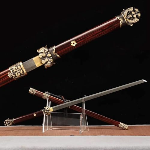 Chinesisches Tang-Schwert mit Massivholzscheide 41 Zoll,Musterstahl,handgeschmiedetes Federmuster,Handschutz aus reinem Kupfer + Ebenholzlackscheide,Kampfsport-Trainingsschwert,handgefertigtes Schwert