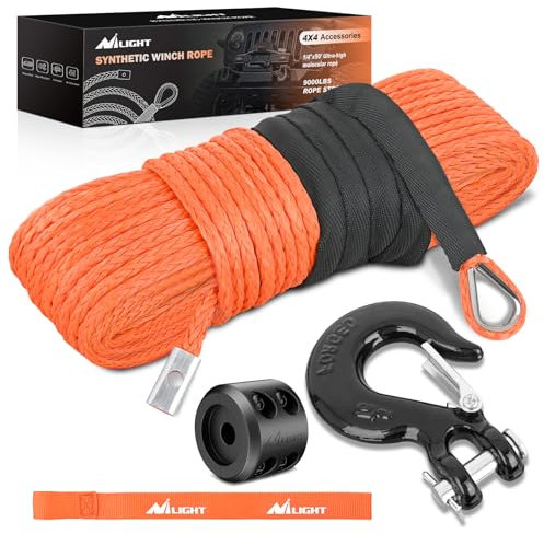 Nilight Seilwindenseil, 6,3 mm x 15,2 m, Synthetisches Seilzug-Set, universell für ATV, UTV, Geländewagen, 4082 kg, Seilwinde mit Stahlhaken, Gummistopper, Schutzhülle, Sicherheitsgurt, Orange