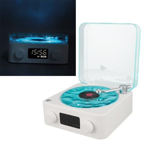 Zunate Vintage Bluetooth Lautsprecher Im Plattenspieler Stil, 3 in 1 Tragbarer Kabelloser Stereo Lautsprecher mit Zeitanzeige und Nachtlicht, Radio/Bluetooth/TF Karte/AUX Unterstützung