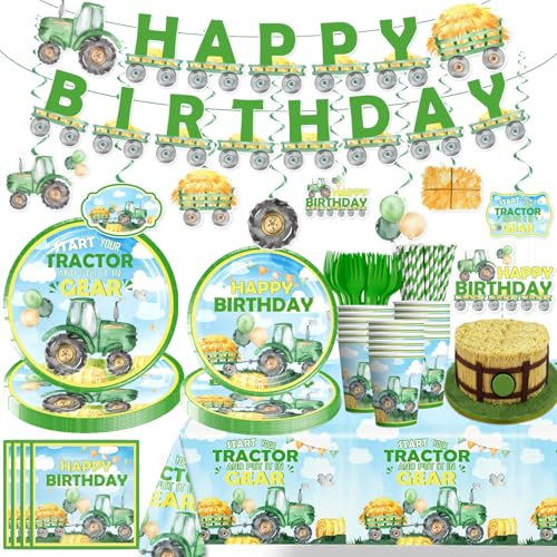 201Pcs Tractor Birthday Decorations Tableware Set, Tractor Party Decorations Include Banner, Plates, Tablecloth and Cake Toppers Etc, for Tractor Birthday Party Supplies Serves 25 Guests