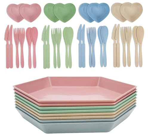 Mulaibdin 8 Pezzi Piatti Plastica Rigida Lavabili, Piatti Plastica Colorati con Posate & Ciotoline per Aperitivo, Piatti Campeggio 6.6 Inch, Infrangibile Piatti di Plastica per Pizza,Pasta,Torte,Insa