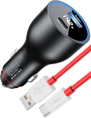 Cargador Coche Carga Rápida para Oneplus 13/12R/11/Nord 4 3, 100W Supervooc Cargador Mechero Coche con Cable USB C 1M, para Oneplus CE 4 3 Lite Nord 2 10 9 para Oppo Reno 12 FS 11F Find X7 A80 A60 A40