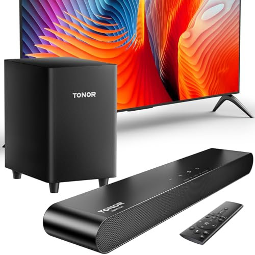 TONOR TV Soundbar mit Subwoofer, 2.1 Kanal Soundbar für TV-geräte/PC, 5.3 Bluetooth Lautsprecher für Fernseher, 3 EQ-Modi/BASSMX/DSP/3D Surround Sound, Heimkino Soundsystem, HDMI ARC/Optisch/AUX/USB