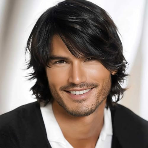 Short Mens Wig|Wigs for Men|Synthetic Mens Wigs|Fluffy 80s Wig for Party&Daily Use (Black)
