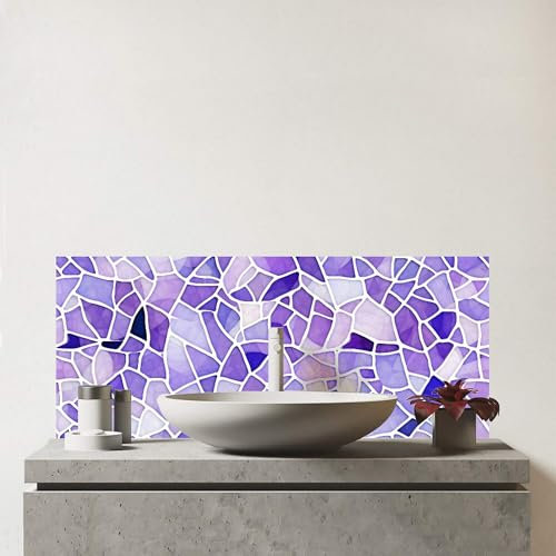 Premium Purple and White Mosaic Design Glass Bathroom Splashback 6mm Toughened Glass – Water-Resistant Wall Protector for Basins & Sinks, Polished Edges