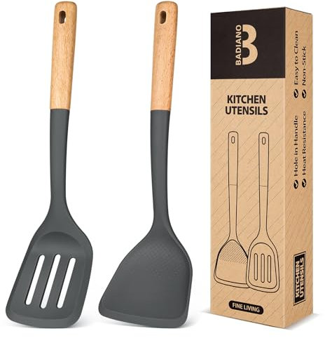 Silicone Wok Spatula Turner Set, Perfect for Scooping, Flipping, Lifting Pancakes and Picking up Veggies, BPA-Free Matte Silicone, Wooden Handles, Safe for Nonstick Cooking Surfaces (Grey)