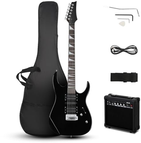 LALAHO 39 Inch Beginners Electric Guitar Kit with H-S-H Pickup, Solid Body Electric Guitar Set with 20W Amplifier, Tremolo Arm, Bag, Pick, Shoulder Strap, Cable (Black)